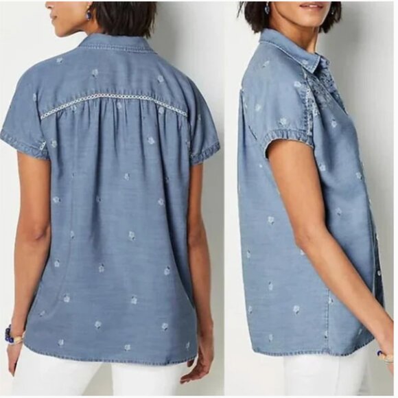 J.‎ Jill Denim Cap Sleeve Button Front Chambray Shirt Top Flowers Medium - Picture 3 of 14